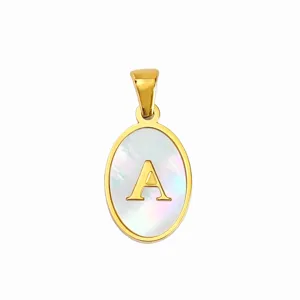 Fashion stainless steel electroplated white shell initial letter A oval pendant for DIY necklace.