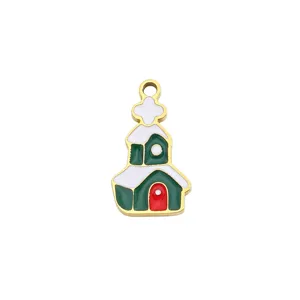 Christmas church pendant enamel gold rim DIY jewelry accessory detail view for handmade necklaces