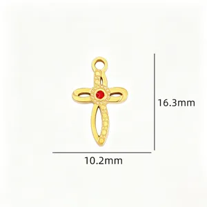 Edelstahl Kreuz Anhänger goldfarben mit rotem Strass DIY Schmuck Zubehör Bastelei