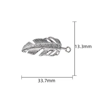 Silver feather pendant charm detail view, metal DIY jewelry accessory with dimension specifications.