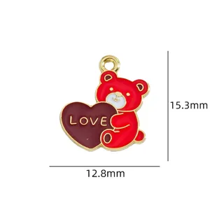 Red bear love heart metal enamel charm pendant for DIY jewelry making detail view.