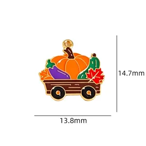 Thanksgiving autumn pumpkin cart enamel metal charm pendant detail view DIY jewelry accessory