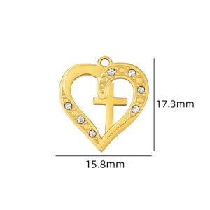 Gold heart cross pendant charm with rhinestones DIY jewelry making component 17.3x15.8mm