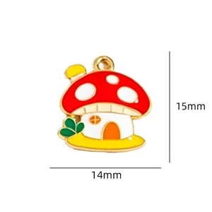 Enamel mushroom house pendant charm for DIY jewelry making, 15x14mm alloy accessory.