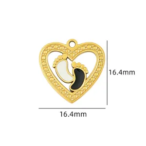 Gold heart baby footprint pendant DIY jewelry accessory, size 16.4mm for handmade crafts.