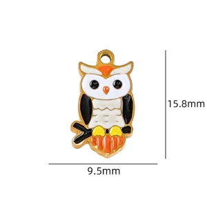 Cute enamel owl charm pendant for DIY jewelry making, metal craft accessory with size info.