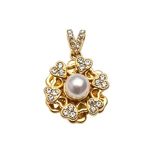 Gold pearl pendant heart flower DIY necklace accessory, shiny crystal paved charm for women.