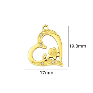 Gold heart flower pendant charm DIY jewelry accessory with rhinestones size 17x19.8mm