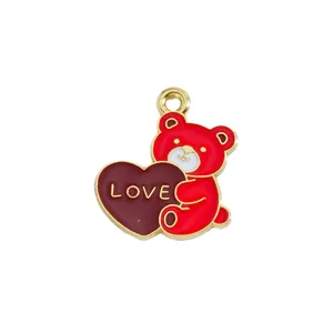 Red enamel bear charm pendant with heart DIY jewelry accessory for handmade crafts.