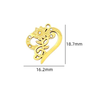 Close-up detail of golden heart flower pendant accessory with sparkling rhinestones and size specs.