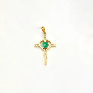 Goldfarbener Titanstahl Kreuz Anhänger mit grünem Stein und Strass für DIY Schmuck.
