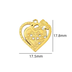 Gold heart pendant detail view showing crystal rhinestones and precise size measurements.