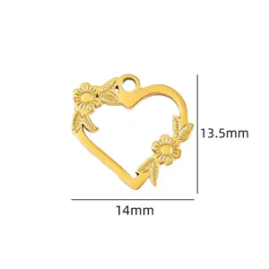 Gold heart flower pendant DIY jewelry accessory, ancient gold style metal charm 14mm