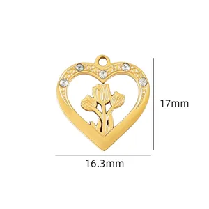Gold heart tulip charm pendant with rhinestones diy jewelry making accessory 17x16.3mm piece