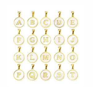 Gold plated mother of pearl letter round pendant charms for DIY necklace making