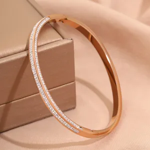 Rose gold titanium steel double row crystal pave bangle bracelet for women elegant
