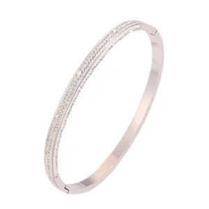 Stainless steel pave rhinestone bangle bracelet for women, elegant luxury fashion jewelry.
