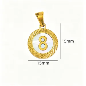 Detailed view of the 15mm round titanium steel pendant featuring mother-of-pearl and number 8.
