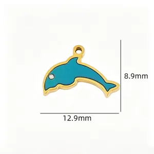 Stainless steel dolphin pendant charm with blue enamel fill, ideal for DIY jewelry making.