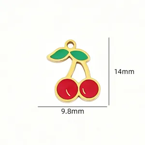 Stainless steel enamel cherry pendant charm for DIY jewelry making, 14x9.8mm.