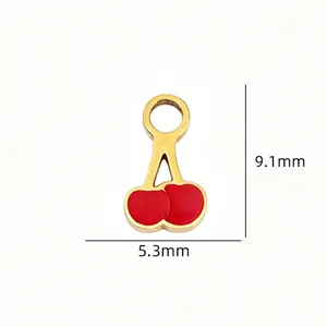 Titanium steel cherry pendant with red oil drop, 9.1x5.3mm size DIY jewelry accessory.