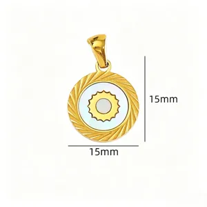 Detailed view of gold stainless steel mother of pearl sun pendant charm for DIY jewelry.