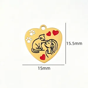 Detailed view of the cute cat and woman heart pendant showing precise dimensions and fine enamel.