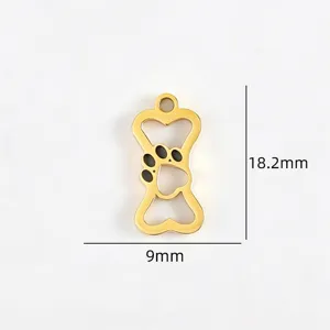 Titanium steel pet paw bone charm, gold color enamel pendant for DIY handmade necklaces.