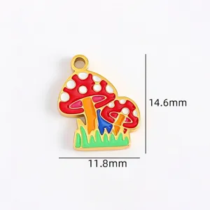 Detailed close-up of colorful enamel cartoon mushroom alloy pendant for handmade DIY jewelry.