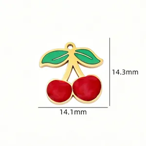 Stainless steel cherry charm pendant red green enamel DIY jewelry making accessory 14mm