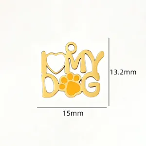 Gold titanium steel pet dog paw pendant detail, cute enamel DIY charm accessory for necklace.