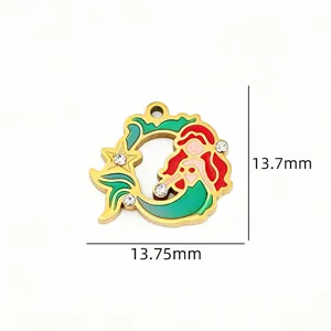 Stainless steel mermaid charm diy jewelry pendant with colorful enamel and clear rhinestones.