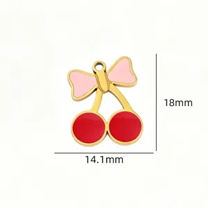 Titanium steel enamel cherry charm detail view, pink bow design for DIY jewelry crafting.