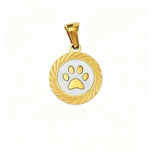 Gold titanium steel round pendant with white mother of pearl and cute paw print design for DIY.