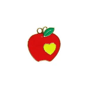 Red apple metal charm with green leaf and yellow heart pendant for DIY jewelry making accessories