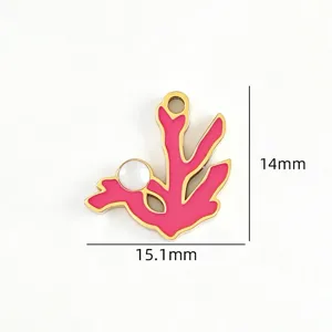 Stainless steel pink coral enamel charm pendant for DIY necklace bracelet jewelry making