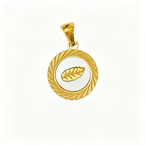 Titanium steel mother-of-pearl round pendant with leaf design, ideal for DIY necklaces.