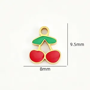 Close-up detail of stainless steel enamel cherry charm, dimension 9.5mm by 8mm.