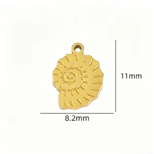Stainless steel ammonite pendant detail, gold tone sea shell charm for DIY jewelry making.