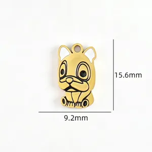 Detailed shot of gold-plated titanium steel cute dog pendant with enamel ears, 9.2x15.6mm.