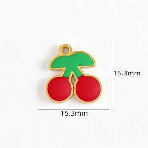 Detailed view of the cute cherry pendant made of titanium steel with vibrant enamel coating.