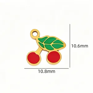 Stainless steel cherry charm detail, vibrant red and green enamel, compact DIY jewelry component.