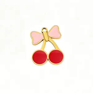Cute titanium steel enamel cherry pendant with pink bow for DIY jewelry making and accessories.