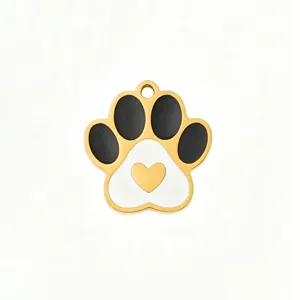 Stainless steel pet paw pendant with black and white enamel, gold heart DIY charm for necklace.