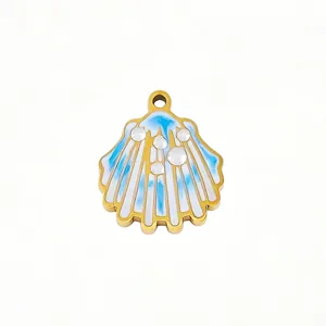 Stainless Steel Blue Enamel Seashell Pendant Charm DIY Necklace Bracelet Jewelry Accessory