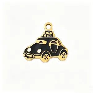 Gold stainless steel black enamel classic car charm pendant for handmade DIY necklace.