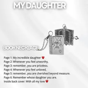 Titanium steel book locket necklace with emotional engraved pages, perfect gift for daughter.