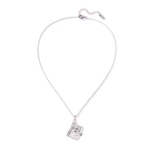 Stainless steel book pendant necklace for women, custom engraved jewelry gift.