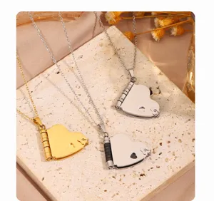 Stainless steel heart locket necklace detail, opening love letter pendant design.