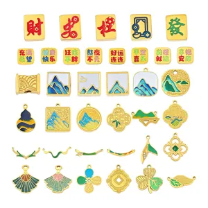 Pendente in Acciaio al Titanio Smaltato in Stile Neo Cinese Mahjong Benedizione Pittura di Paesaggio Ciondolo per Accessori Gioielli Fai da Te